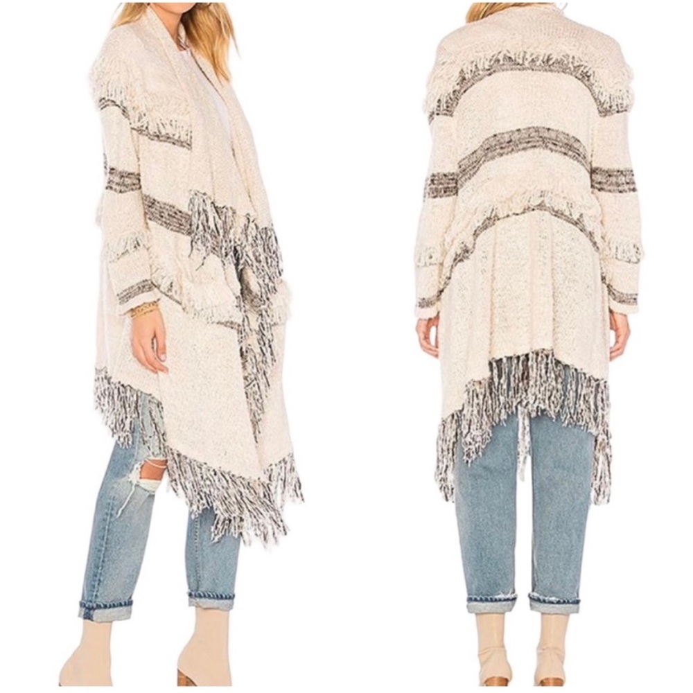 Cozy Cream and Gray Fringed Women's Sweater